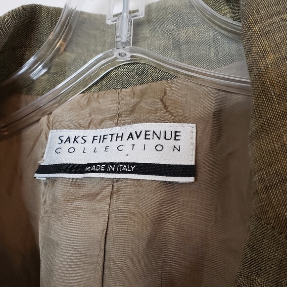 Saks Fifth Avenue Linen Wool Jacket Olive Green Luxury Vintage Office Italian - Picture 3 of 8